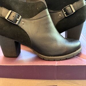 Clarks Black Leather & Suede Heeled Ankle Boots with Buckle